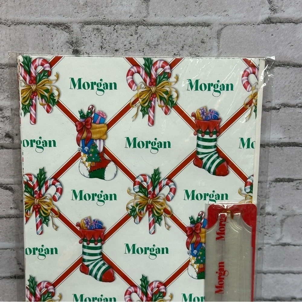 Holiday Red Christmas Wrapping Paper & Pull Bow Personalized MORGAN Stravina NOS